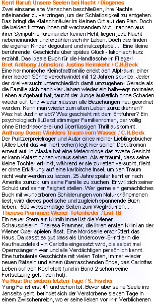 Textfeld: Gro�en dieser Welt, von Stalin bis Franco, von Truman bis Mao. Das Schr�gste, was ich bis jetzt gelesen habe: Die Geschichte eines Jahrhunderts aus der Sicht eines intelligenten tumben Tors.Susanne Falk: Das Wunder von Treviso / KindlerEine weinende Madonna weckt ein D�rfchen aus dem Dornr�schenschlaf � Pilger und viel Geld ver�ndern alles. Doch wird das Wunder die Konsultation aus dem Vatikan �berstehen? Ein heiterer, leichter, herzw�rmender, �u�erst kurzweiliger Roman.Alice Munro: Zu viel Gl�ck / S. Fischer10 Erz�hlungen von der Altmeisterin der Kurzgeschichte, die alle Stoff f�r einen ganzen Roman h�tten. Doch Munro bringt sie auf den Punkt und macht, dass wir uns mit Lebensfragen besch�ftigen. Aufregend!Paula McLain: Madame Hemingway / Aufbau Die erste Ehe Hemingways mit einer sieben Jahre �lteren Frau � beschrieben aus ihrer Perspektive. Der junge Ernest ist verletzlich und liebevoll, fanatisch in seiner Arbeit, ausschweifend im Paris der 20er Jahre, zu rastlos um ein guter Vater und Ehemann zu sein. Das ist wunderbar geschrieben, authentisch und doch romanhaft.Christoph Poschenrieder: Der Spiegelkasten / DiogenesEin j�discher Offizier erlebt die Grauen des ersten Weltkrieges in Frankreich. Aus Einsamkeit schreibt er einer fiktiven Frau und ist erstaunt, dass er Antwort erh�lt. Seine r�tselhaften Fotos aus der H�lle erbt sein Gro�neffe, ebenso einsam in seiner Arbeit als Internet-Rechercheur. Er begibt sich besessen auf Spurensuche und ger�t nach fast hundert Jahren in eine andere, innere H�lle. Fantastisch geschrieben!Michael Davis Lukas: Das Orakel von Stambul / InselEin kleines M�dchen 1880 am Bosporus. Durch seine au�ergew�hnliche Klugheit und Sprachbegabung behauptet es sich in den politischen Wirren der Aufl�sung des Osmanischen Reiches. Ein phantastisches M�rchen �ber ein kluges Wunderkind. Lesen!Anthony McCarten: Liebe am Ende der Welt / DiogenesEine tolle phantastische Geschichte: In einem Provinznest behaupten drei junge Frauen  von Au�erirdischen schwanger zu sein. Das Dorf steht Kopf, aber die Menschen wachsen �ber sich selbst hinaus. Herrlich!